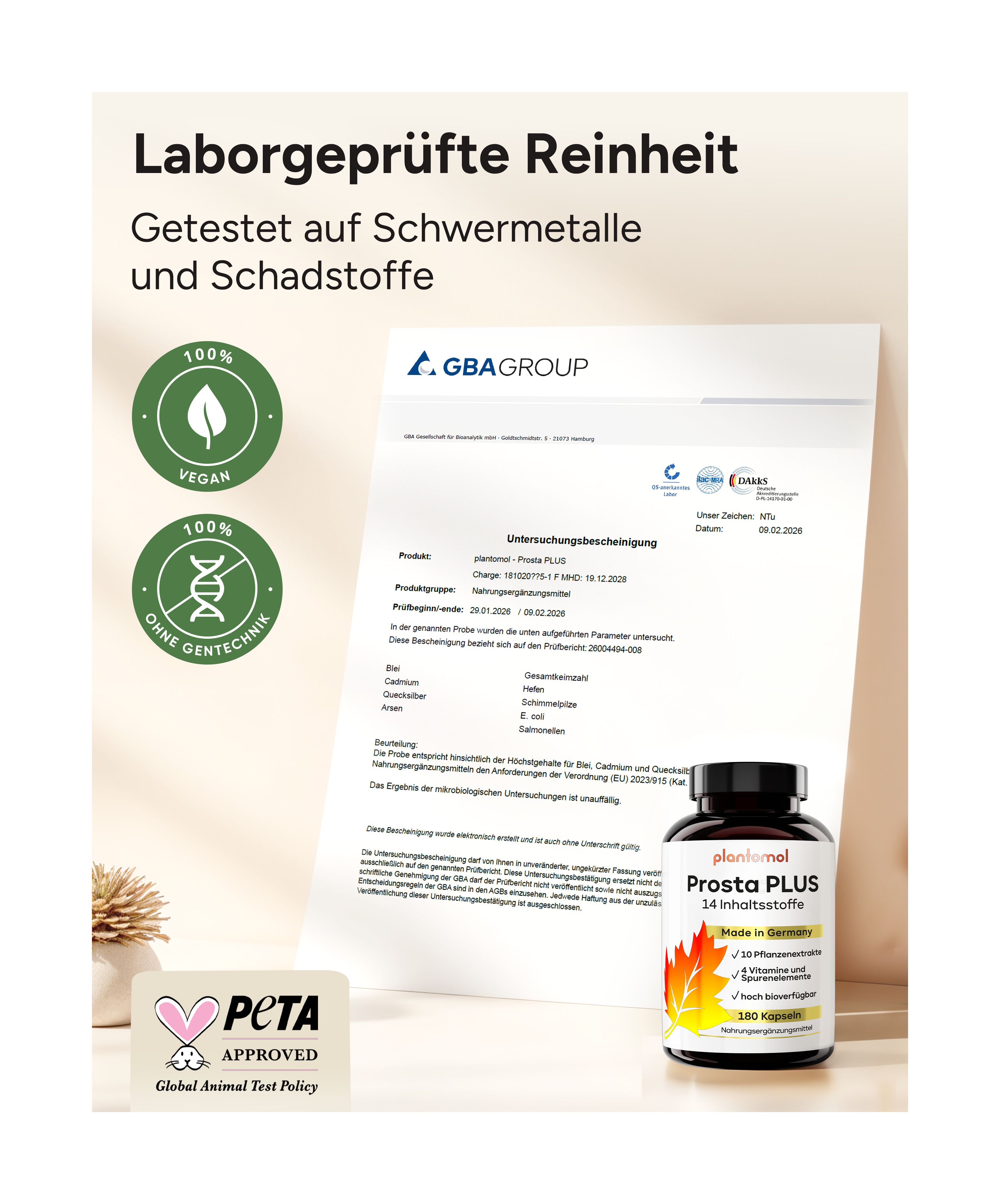 Zertifizierungsdokumente und eine Flasche plantomol® Prosta PLUS. Vegan, ohne Gentechnik, ohne Tierversuche.