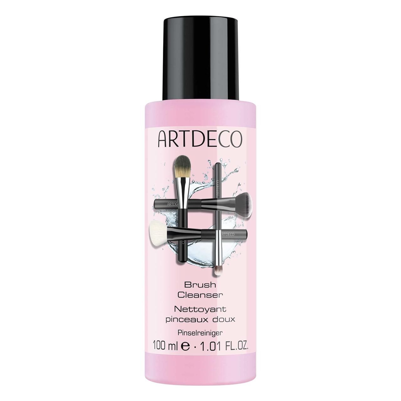 Rosa Flasche mit schwarzem Deckel. Aufschrift ARTDECO und Pinsel-Illustration. Text: Brush Cleanser, Pinselreiniger.