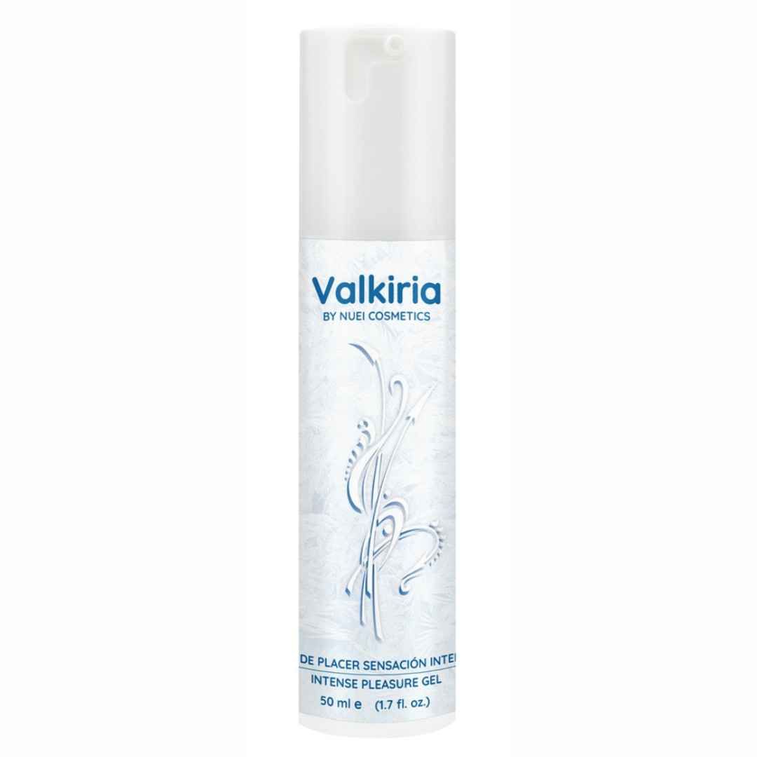 Weiße Tube mit blauem Schriftzug Valkiria und floralem Muster. Text: Intense Pleasure Gel, 50 ml.