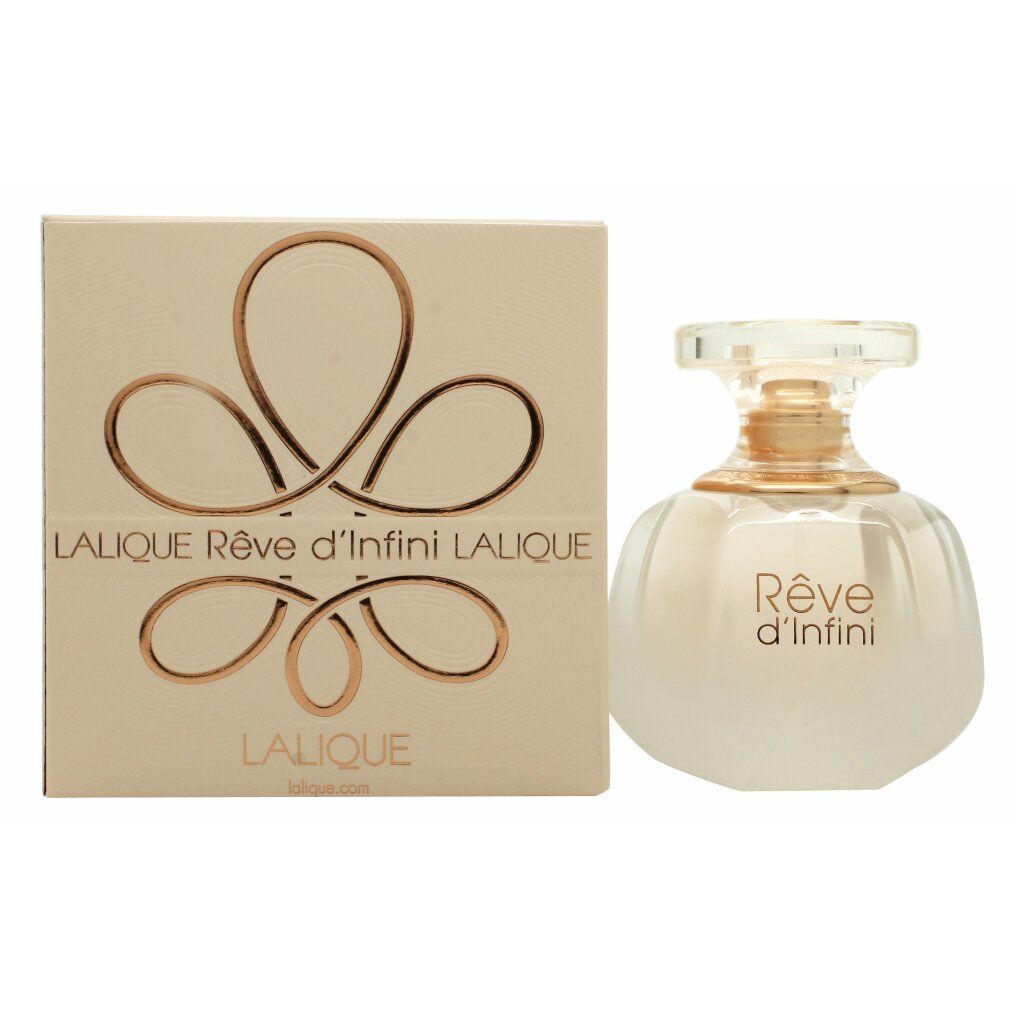 Parfümflasche und Verpackung. Flasche mit goldfarbenem Verschluss, Schriftzug 'Rêve d'Infini'. Verpackung mit Logo und Schriftzug 'Lalique'.