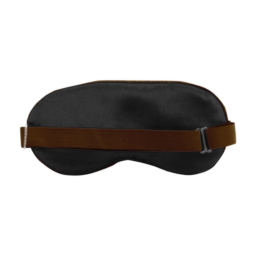 Schlafmaske, schwarz, mit braunem Gummiband und Metallverschluss. Rückansicht.