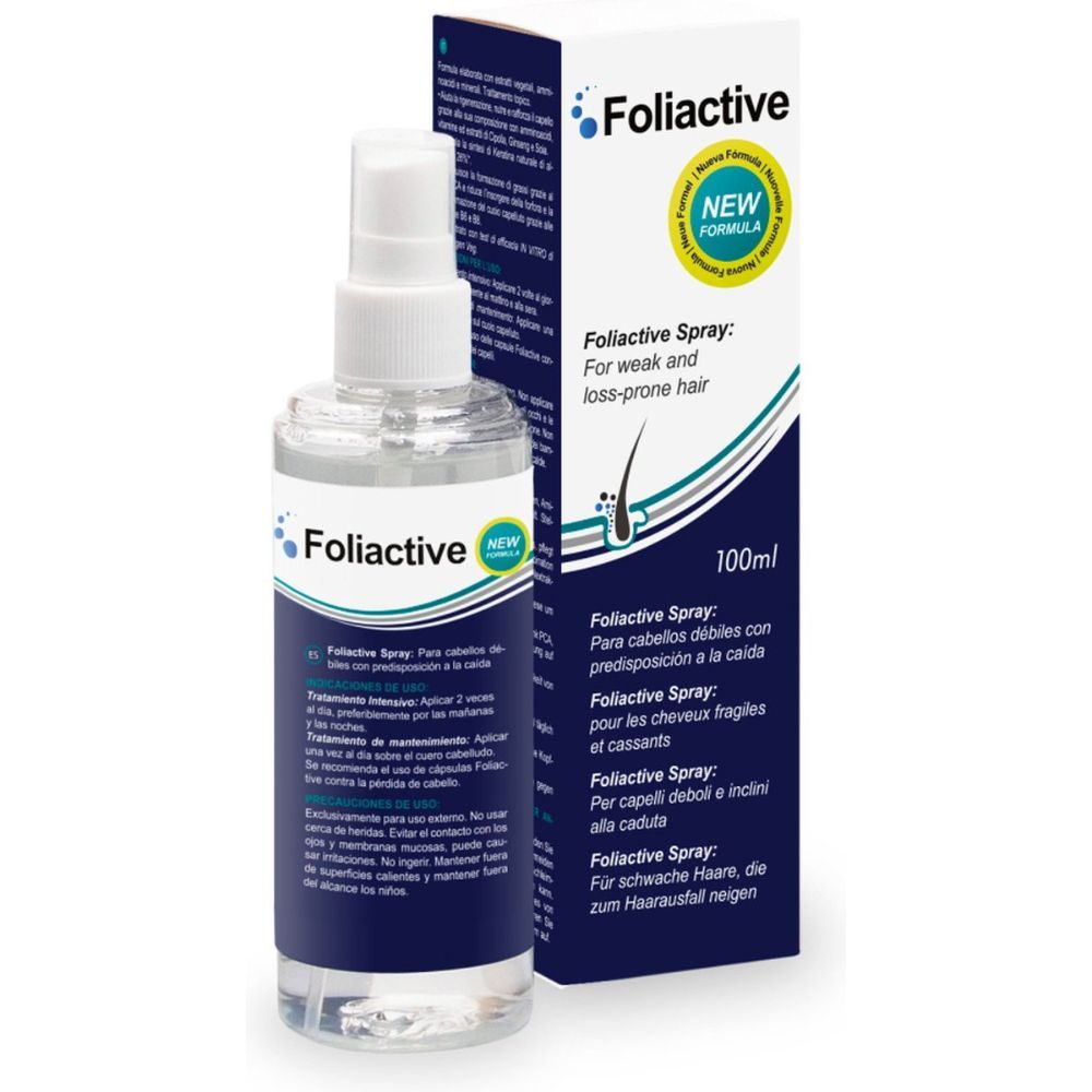 Flacon et emballage de Foliactive Spray. Flacon transparent avec vaporisateur. Emballage : blanc, bleu, vert. Texte.