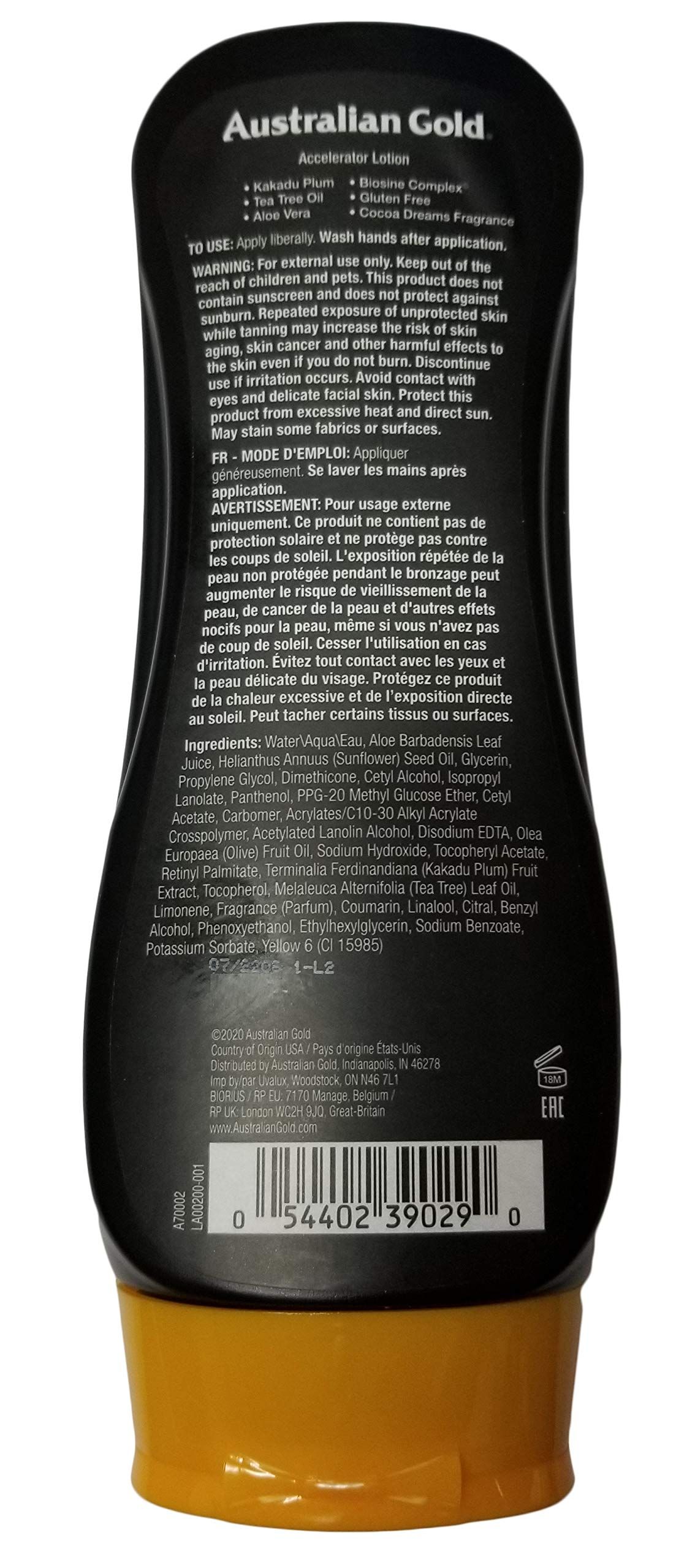 Schwarze Flasche mit gelbem Deckel. Text: Australian Gold Accelerator Lotion. Inhaltsstoffe und Warnhinweise.