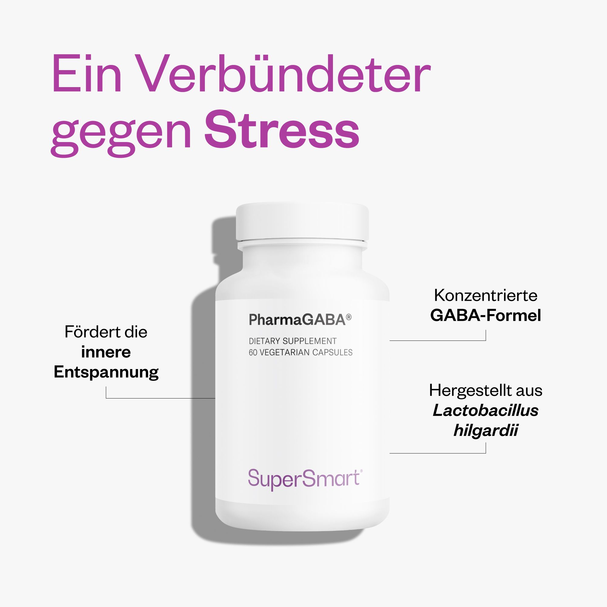 Weiße Flasche PharmaGABA® mit 60 Kapseln. Text: Dietary Supplement, SuperSmart Logo. Lila Hintergrund.