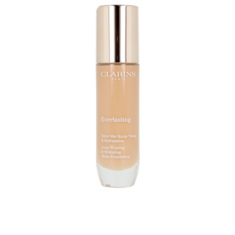 Flüssiges Make-up in einer Glasflasche mit goldenem Deckel. Aufschrift: Clarins, Everlasting, Teint Mat Haute Tenue & Hydratation, Long-Wearing & Hydrating Matte Foundation.