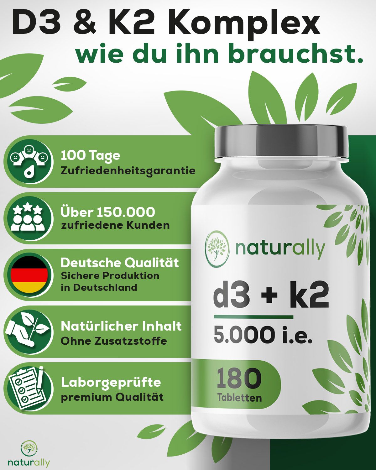 Weiße Flasche mit grünem Etikett. Text: naturally, d3 + k2, 5.000 i.E., 180 Tabletten. Zusätzliche Textfelder.