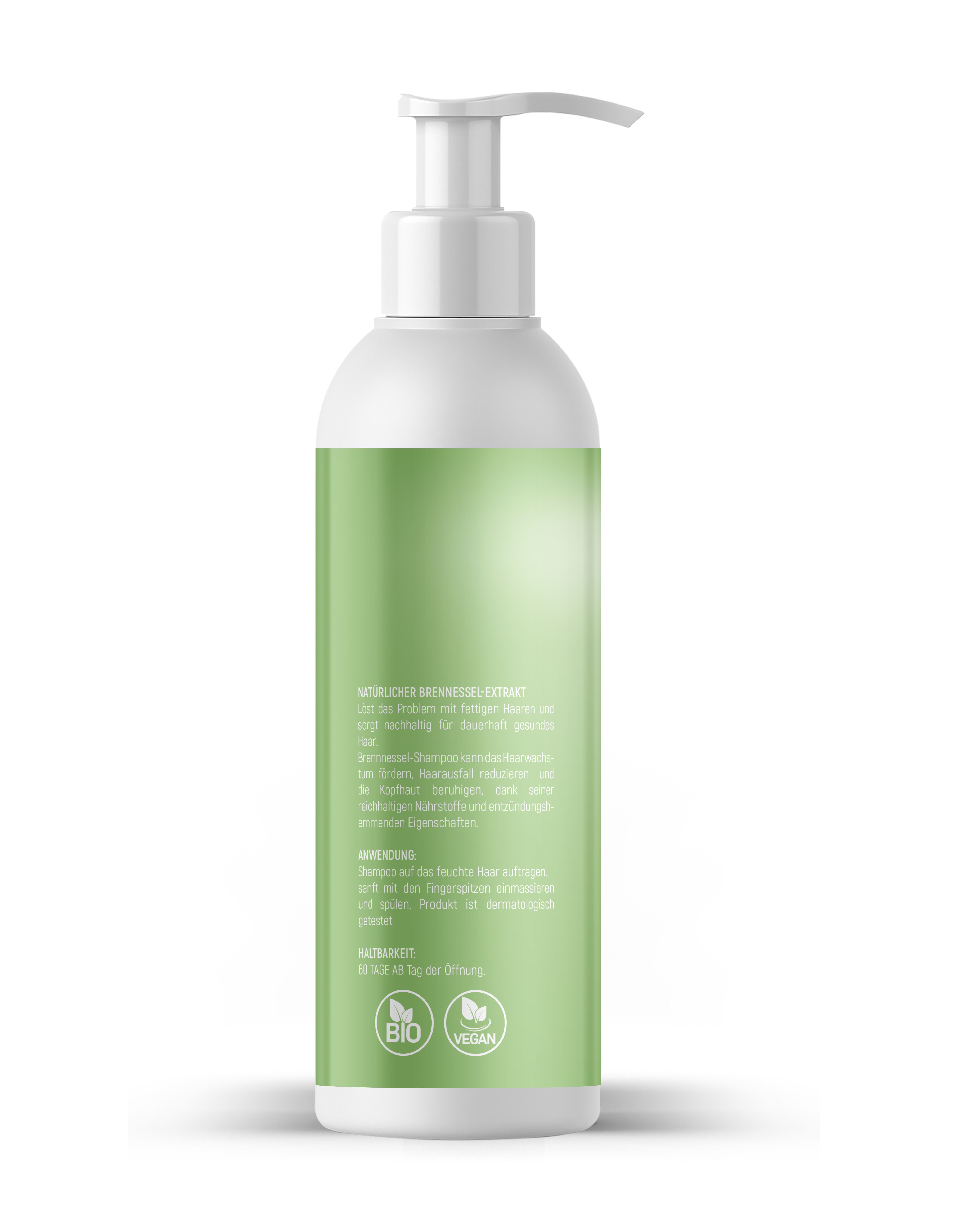 Rückseite der Shampoo-Flasche. Etikett mit Text über Inhaltsstoffe und Anwendung. Bio- und Vegan-Siegel.