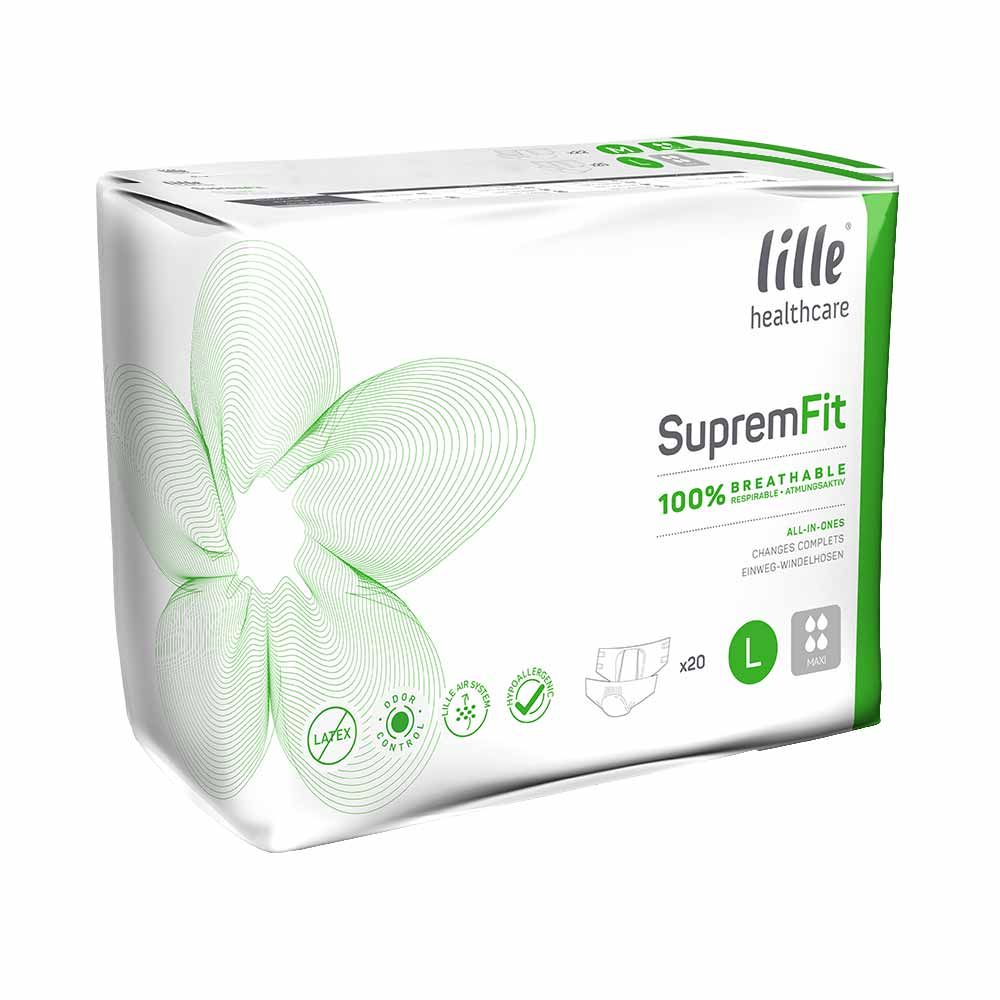 Verpackung von Lille Suprem Fit Maxi L. Weißer Karton mit grünen Akzenten. Produktname und Eigenschaften sind aufgedruckt. Enthält 20 Stück, Größe L.