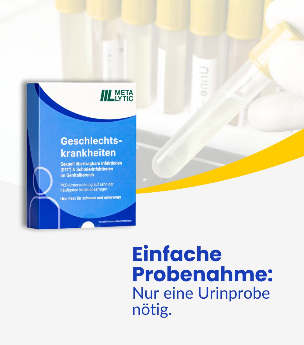 MetaLytic STI Test-Kit: Box mit Anleitung und Probenröhrchen. Einfache Probenahme.