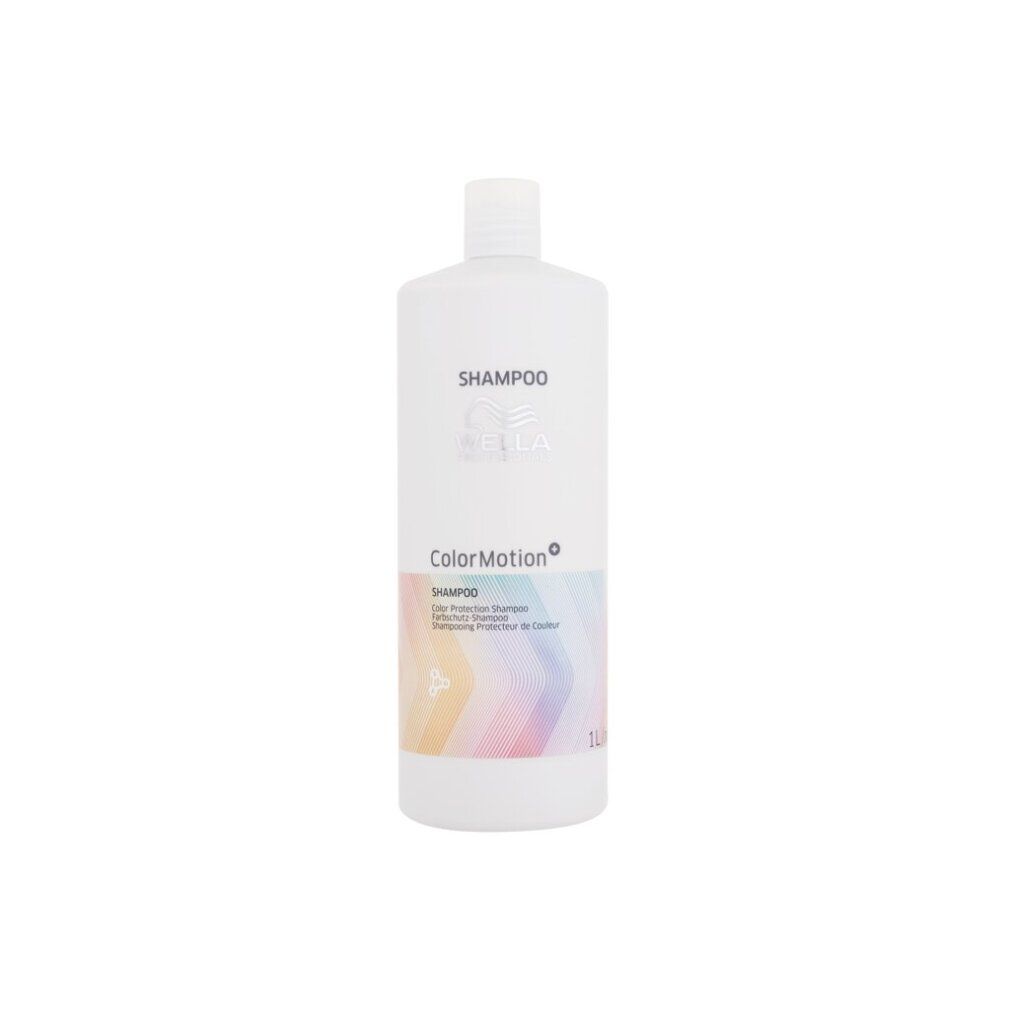 Weiße Shampoo-Flasche mit farbigem Etikett. Text: SHAMPOO, WELLA, ColorMotion. Farblinien-Design. 1L.