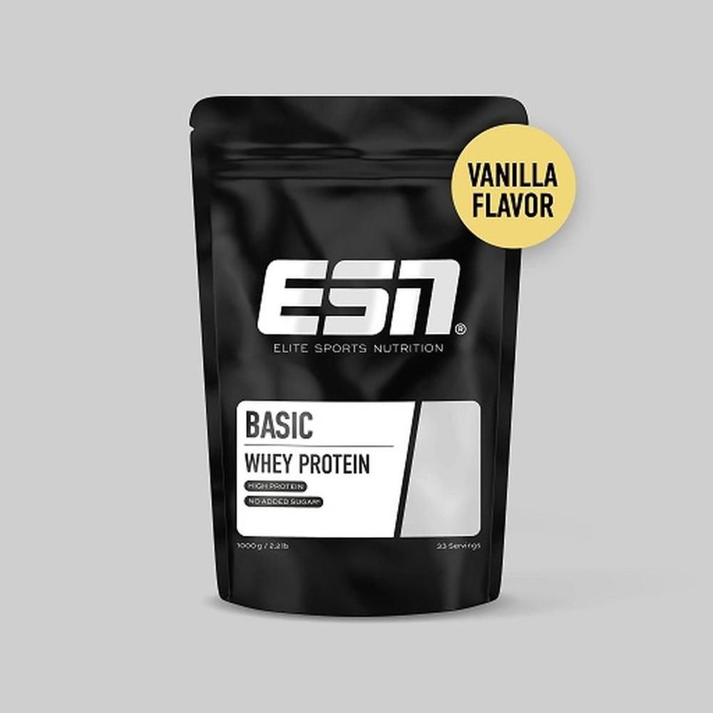 ESN Basic Whey Protein, schwarze Verpackung. Aufschrift: Basic Whey Protein, 1000g/2.2lb, 33 Portionen. Gelbes Label: Vanilla Flavor.