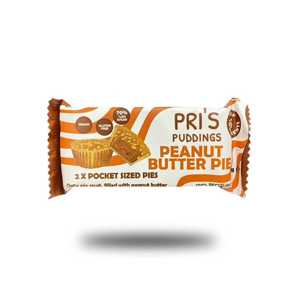 Verpackung mit Pri's Puddings Peanut Butter Pie. Aufschrift: 2 Pocket Sized Pies, 70% weniger Zucker, vegan, glutenfrei. Abbildung von Kuchen.