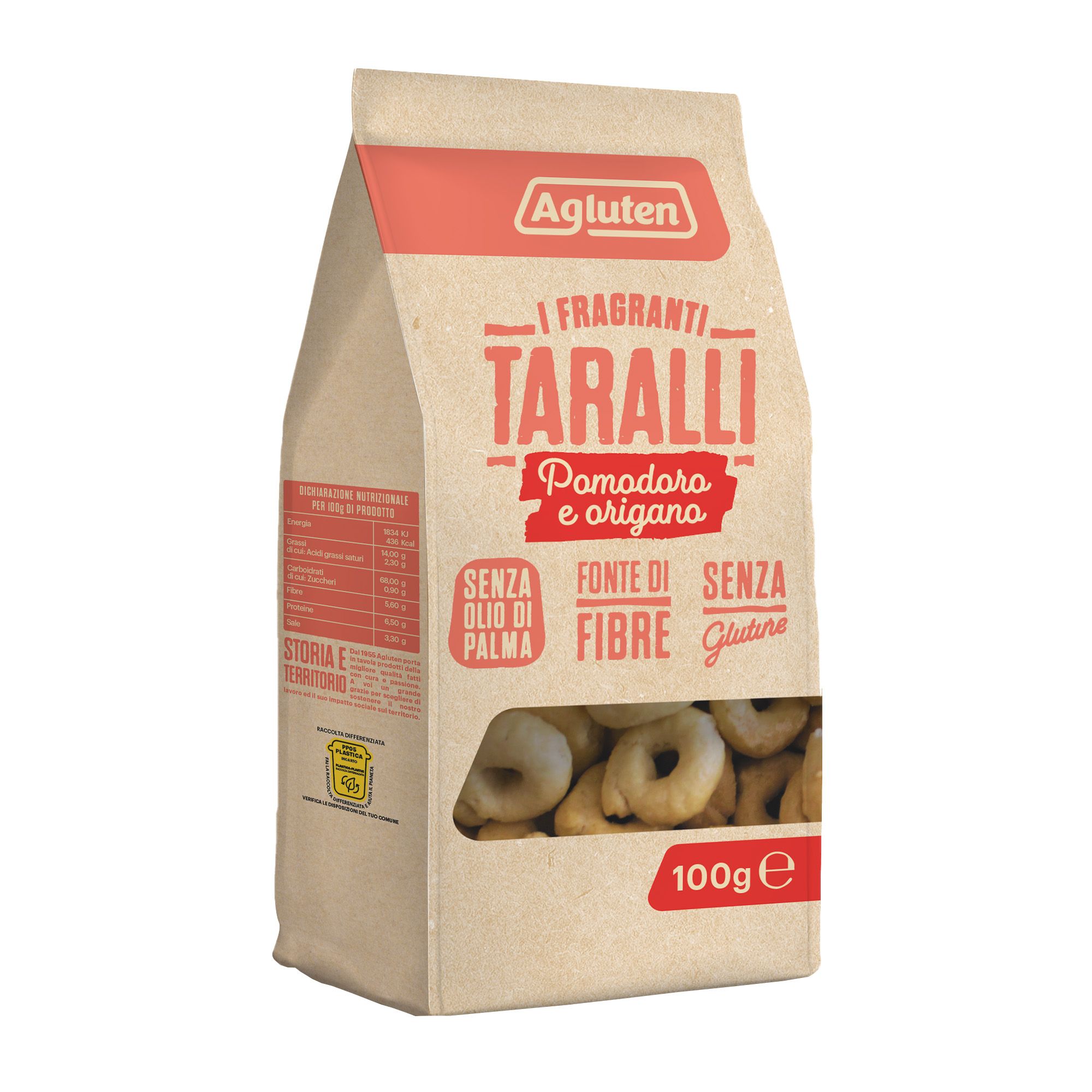 Confezione di Taralli Agluten al pomodoro e origano. L'imballaggio in carta marrone mostra il prodotto attraverso una finestra. Sono visibili le scritte "Taralli", "Pomodoro e origano", "senza glutine" e "100g e".