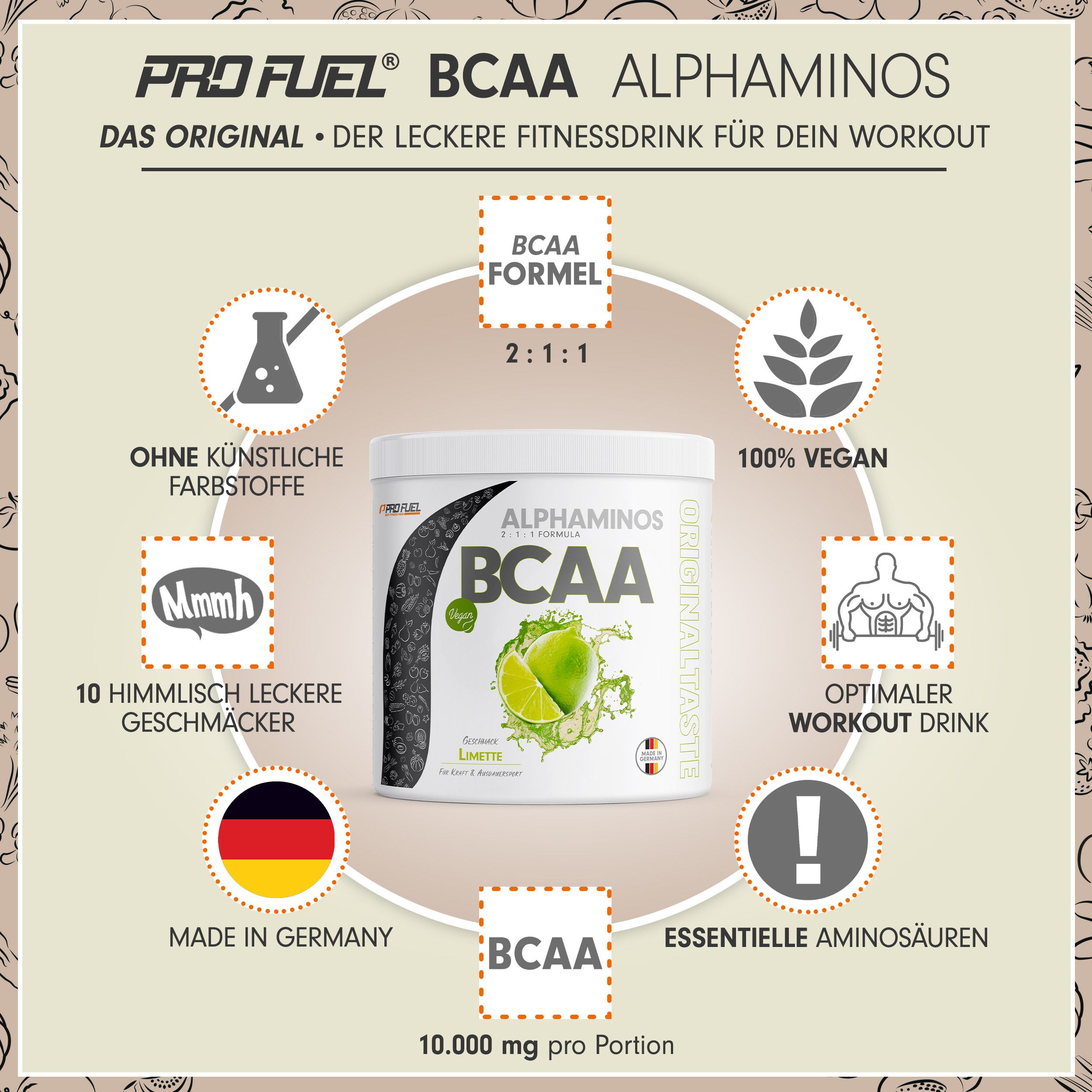 Produktpräsentation von "ProFuel Alphaminos BCAA" mit Icons. 2:1:1 Formel, vegan, 10 Geschmacksrichtungen, Made in Germany.