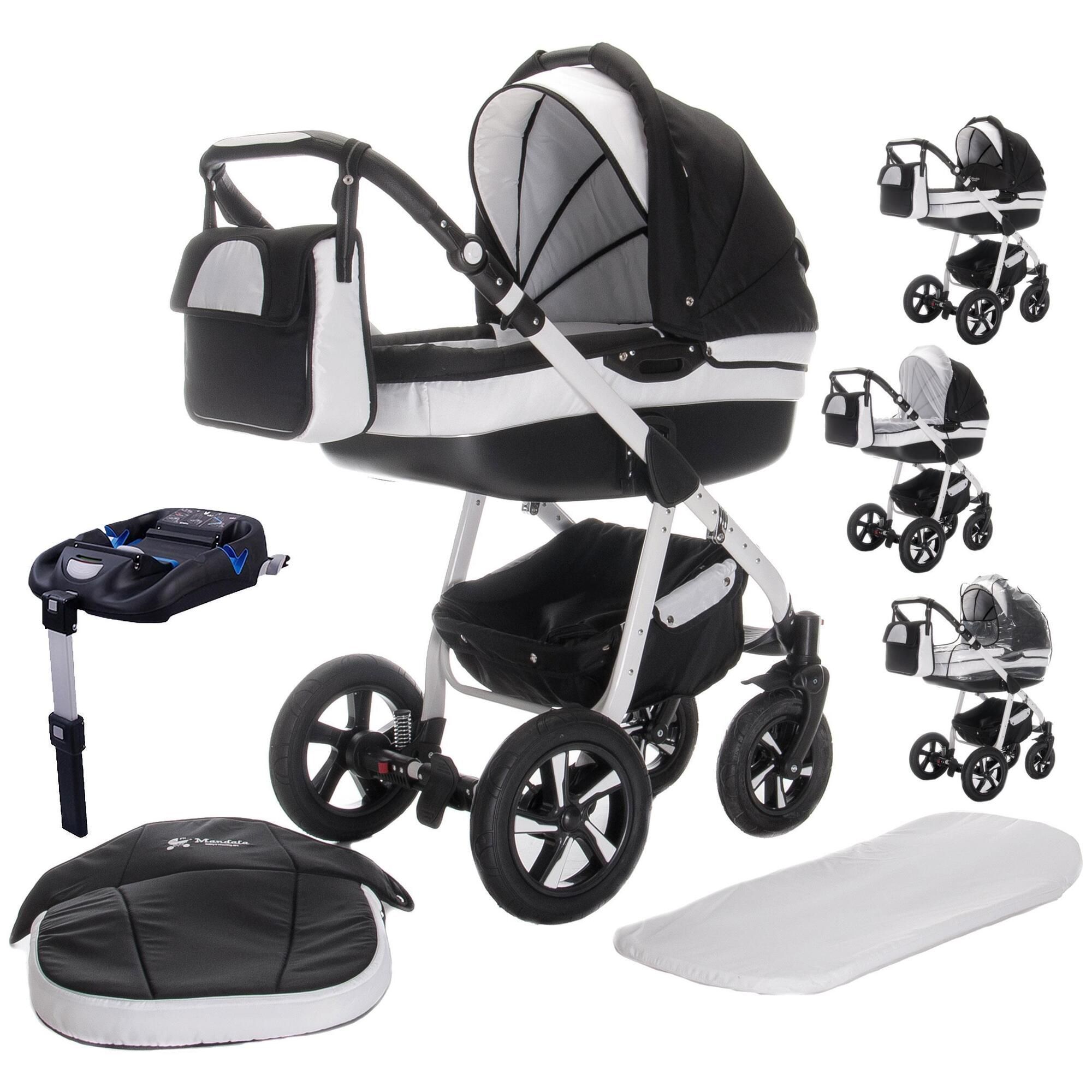 Kinderwagen-Komplettset in Schwarz und Weiß. Enthält Babywanne, Sportwagenaufsatz, Tragetasche, ISOFIX-Basis und Zubehör.