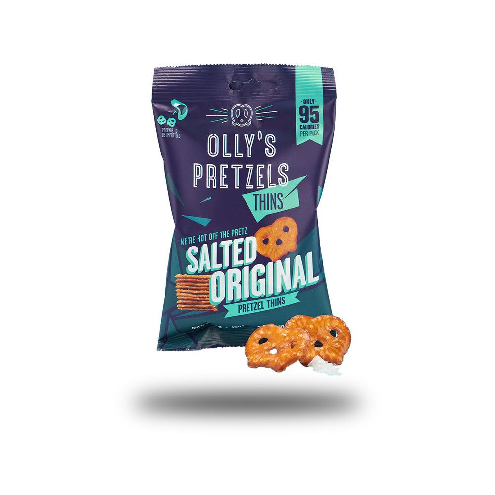 Verpackung von Olly's Pretzel Thins. Aufschrift: Salted Original. Abgebildet sind Brezeln und eine Packung mit 95 Kalorien.