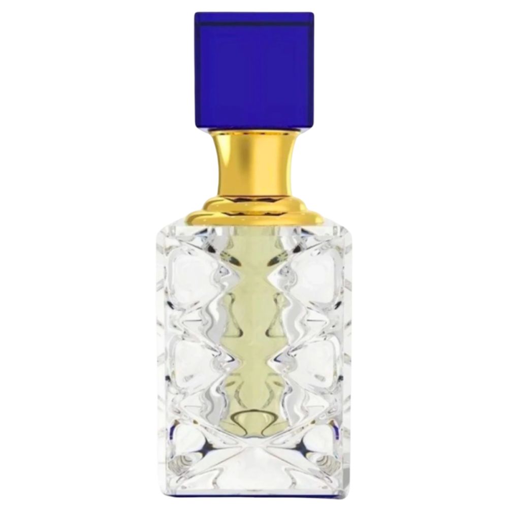 Parfumflakon mit blauem quadratischem Deckel und goldfarbenen Details. Facettiertes Glas.