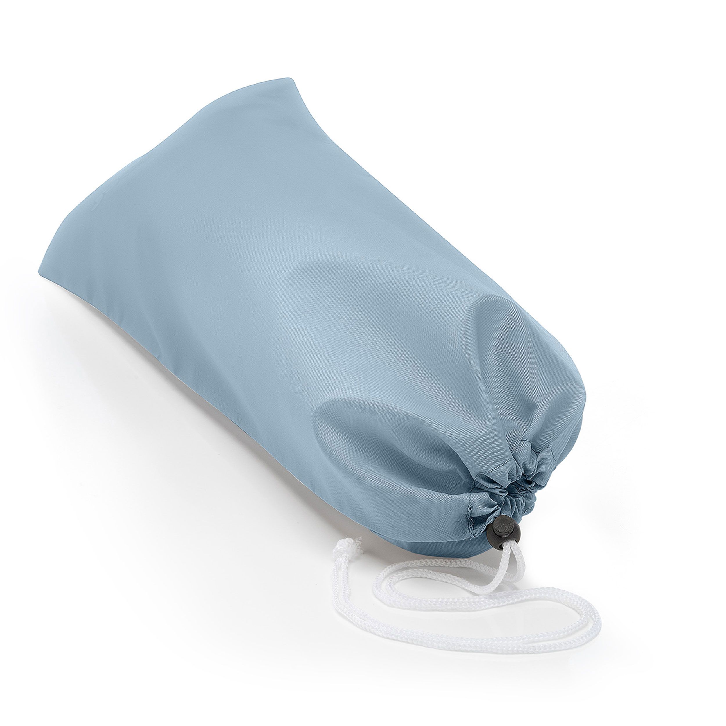 Blaue Aufbewahrungstasche mit Kordelzug. Weißes Seil.