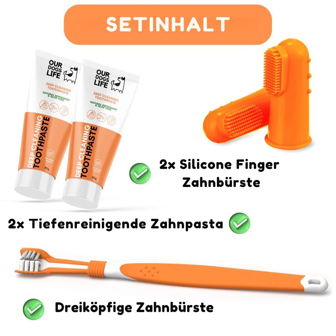 Zahnpasta-Tuben, Fingerzahnbürsten und dreiköpfige Zahnbürste. Text: 2x Tiefenreinigende Zahnpasta, 2x Silikon-Finger-Zahnbürste, Dreiköpfige Zahnbürste.