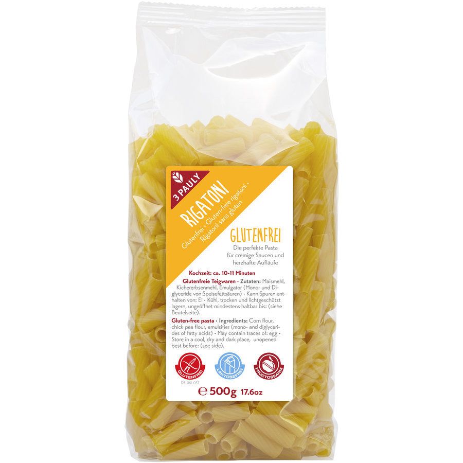 Klare Plastiktüte mit Rigatoni-Nudeln. Aufkleber mit Produktnamen, glutenfrei, und Logos. 500g.