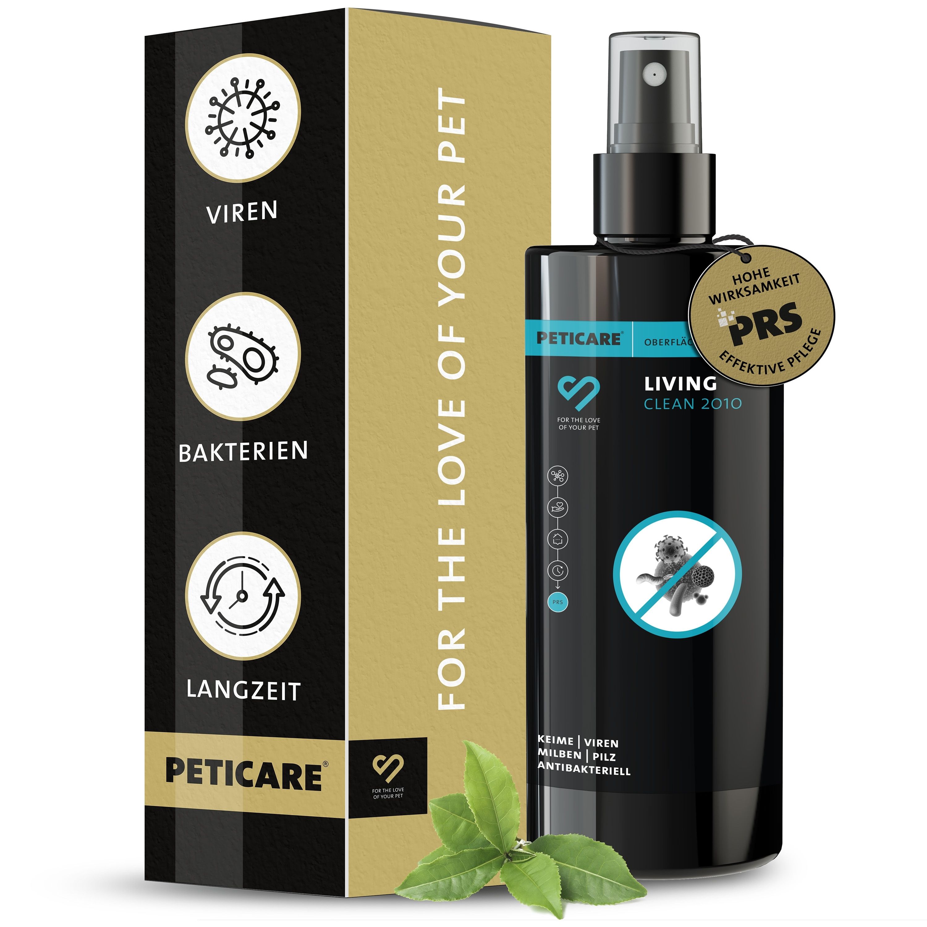 Produktverpackung mit Sprühflasche und Karton. Text: Peticare Living Clean 2010. Logos: PRS, Viren, Bakterien, Langzeit.