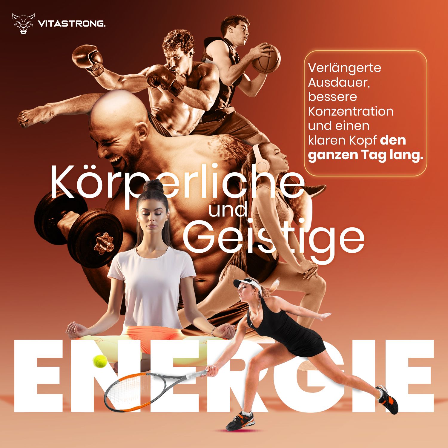 Vitastrong Energy Peach Tea. Text: Körperliche und geistige Energie, Ausdauer, Konzentration, klarer Kopf.