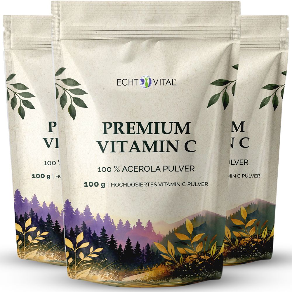 Drei Packungen Echt Vital Premium Vitamin C 100% Acerola Pulver, 100g.