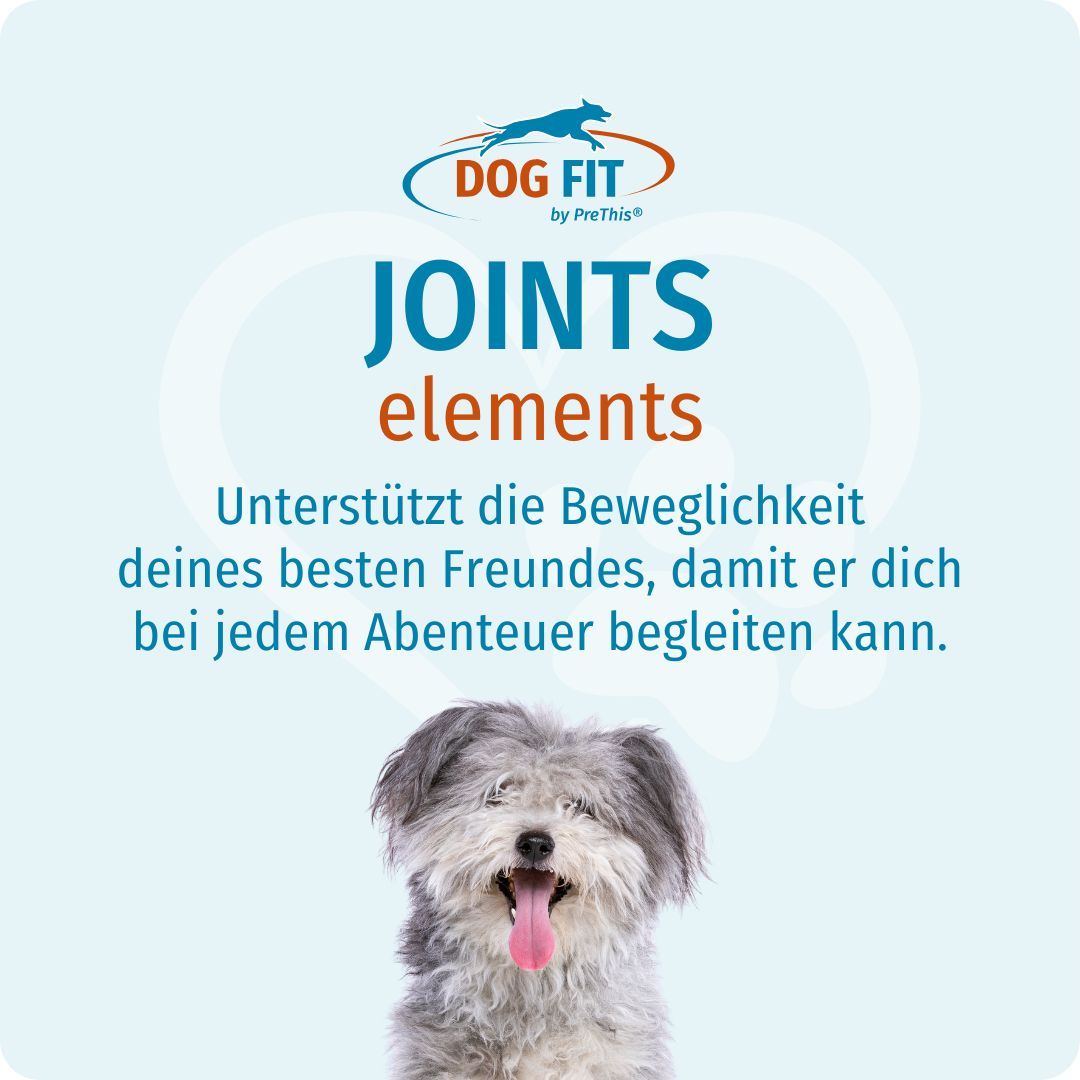 Logo DOG FIT by PreThis®. Text: JOINTS elements. Hund mit Zunge. Text: Unterstützt die Beweglichkeit deines besten Freundes.