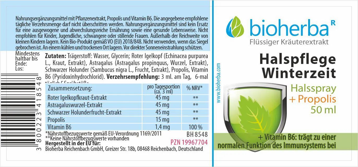 Etikett mit Produktname, Logo und Inhaltsangaben. "Halspray + Propolis" und "50 ml" sind sichtbar. Zusätzliche Textinformationen.