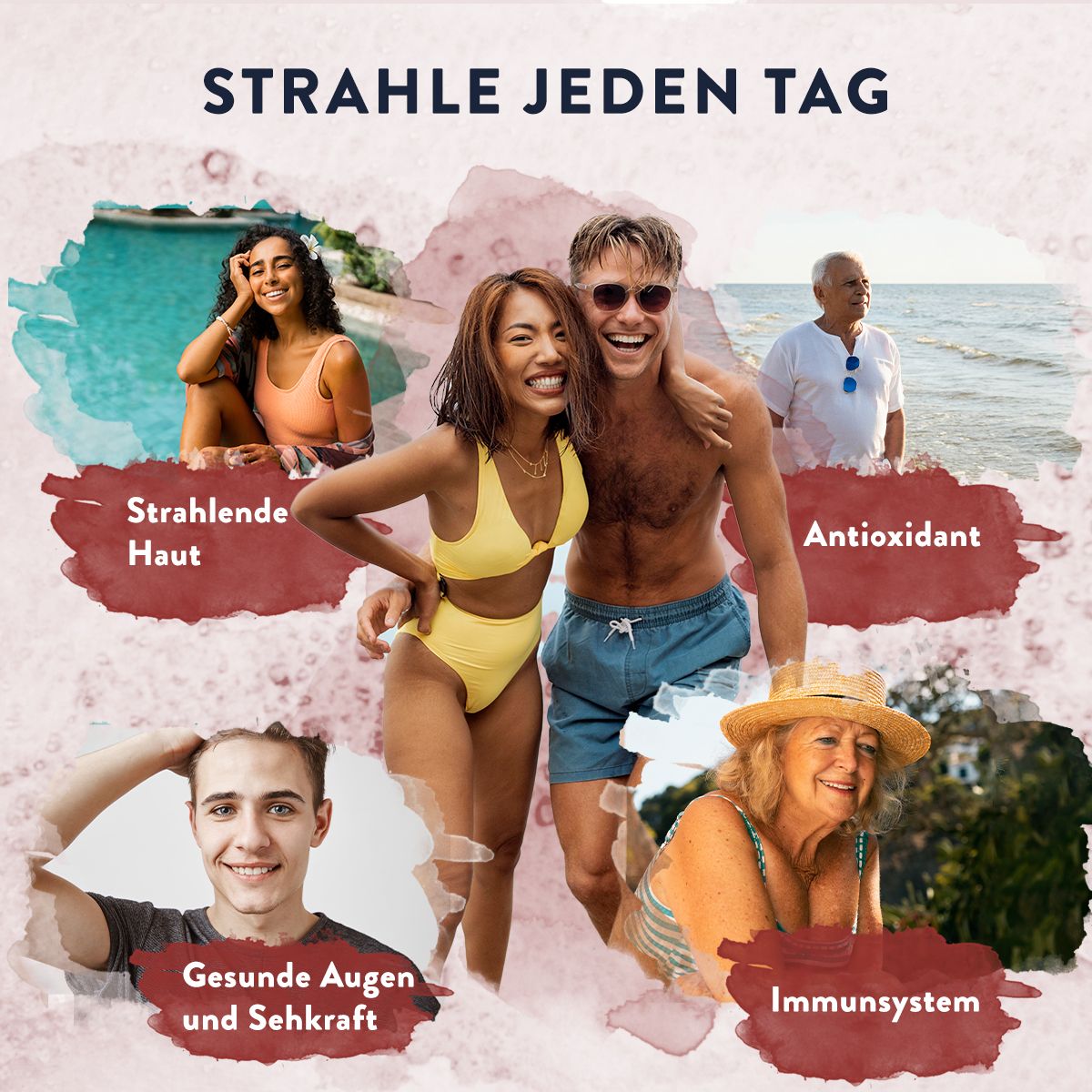 Menschen am Strand. Text: Strahlende Haut, Antioxidantien, gesunde Augen, Immunsystem.