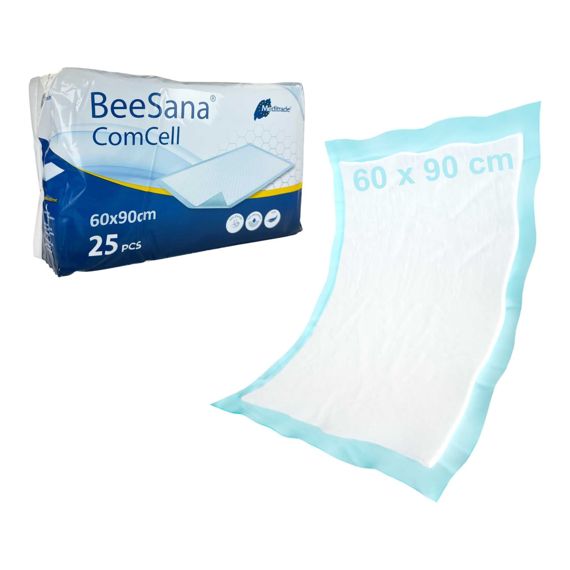 Verpackung und einzelne BeeSana ComCell Unterlage. Größe 60x90cm. 25 Stück. Mit Meditrade Logo.