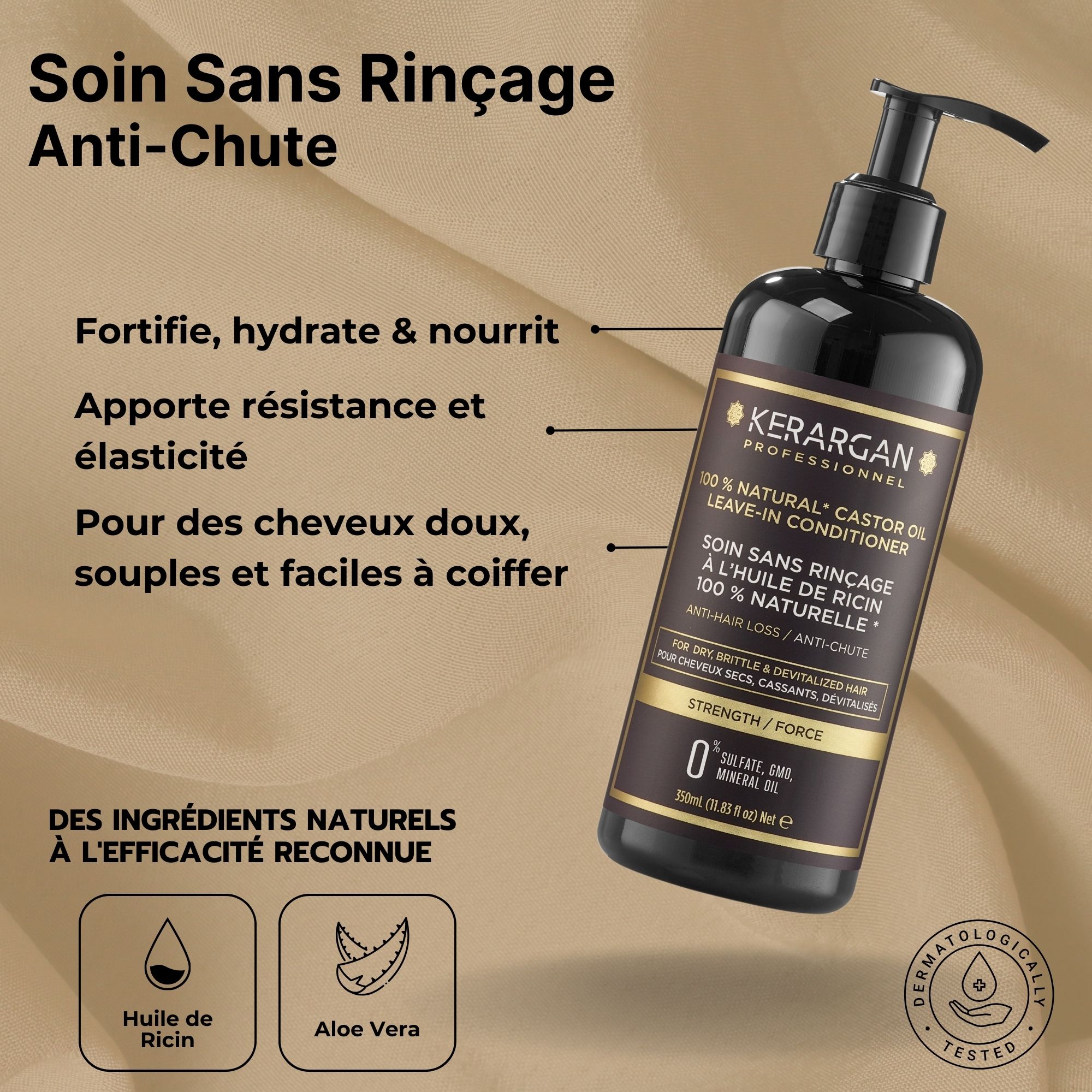 Flacon noir Kerargan Soin sans rinçage. Texte : 100% huile de ricin naturelle. Anti-chute.