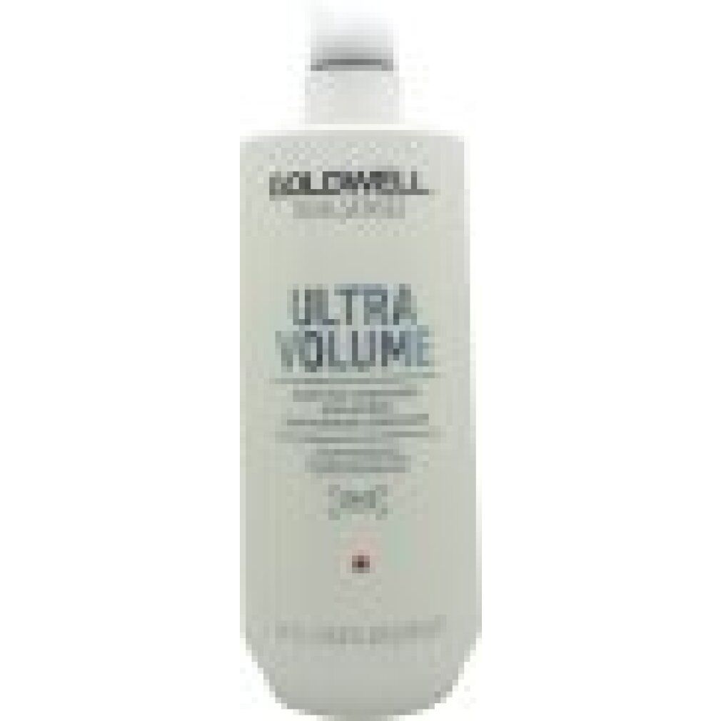 Weiße Flasche mit Pumpe. Aufschrift: GOLDWELL DUALSENSES ULTRA VOLUME. Text in Englisch, Französisch und Deutsch. 1L.