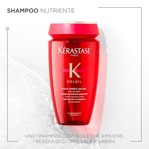 Rote Shampoo-Flasche mit weißer Schrift. Produktname: Kérastase Soleil Bain Après-Soleil Eau de Coco. Text: Shampooing hydratant après-soleil.