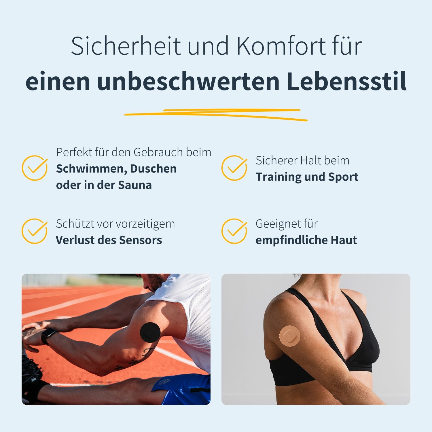 Text: Sicherheit und Komfort für einen unbeschwerten Lebensstil. Bilder: Person beim Sport, Person mit Pflaster.