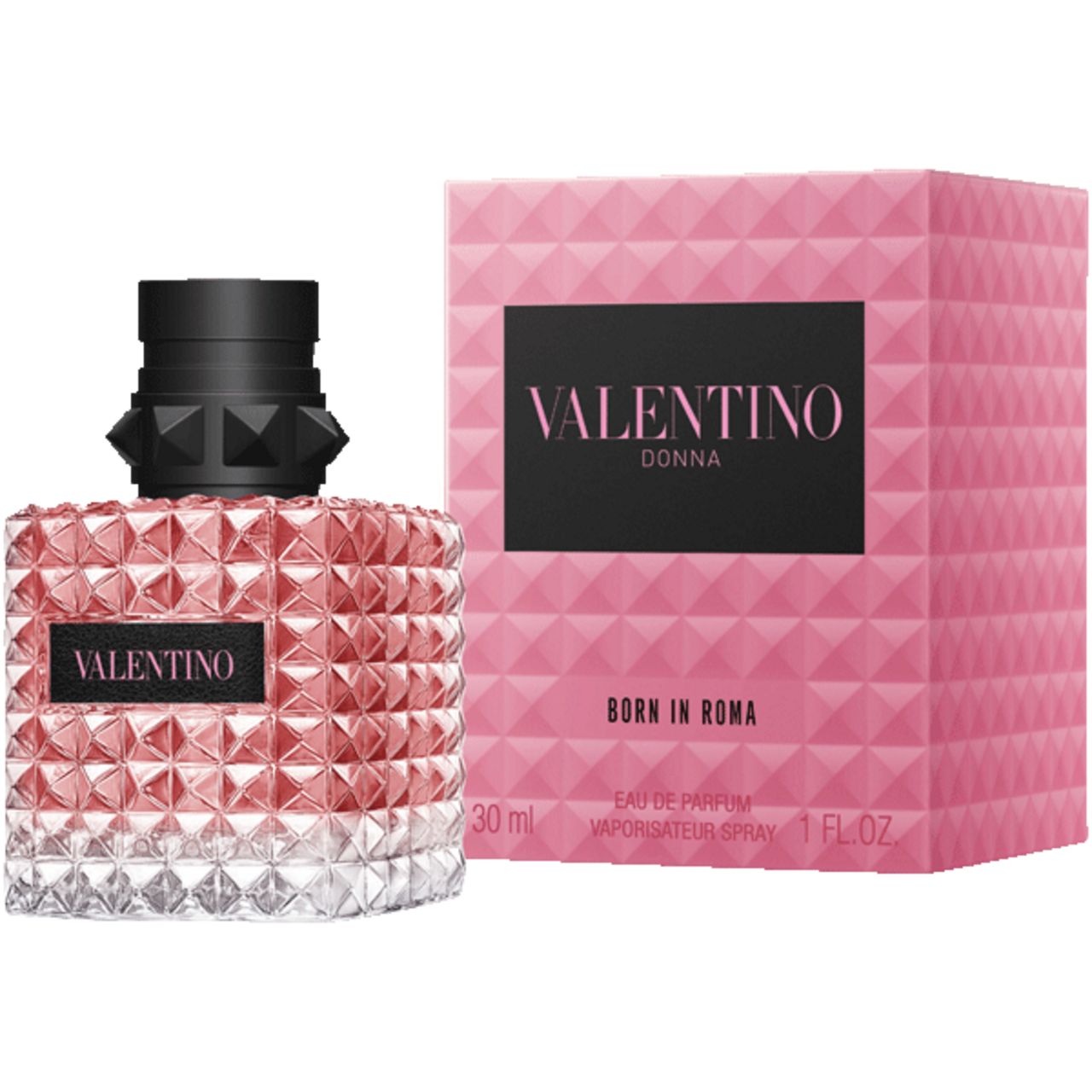 Rosa Schachtel und Flakon. Schwarzer Deckel. Text: VALENTINO DONNA BORN IN ROMA. 30 ml.