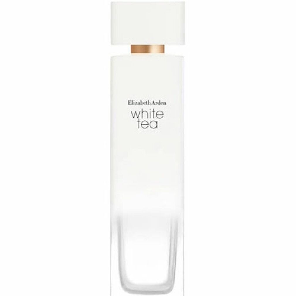 Transparenter Flakon mit weißem Deckel und goldfarbenem Ring. Aufschrift: Elizabeth Arden White Tea.