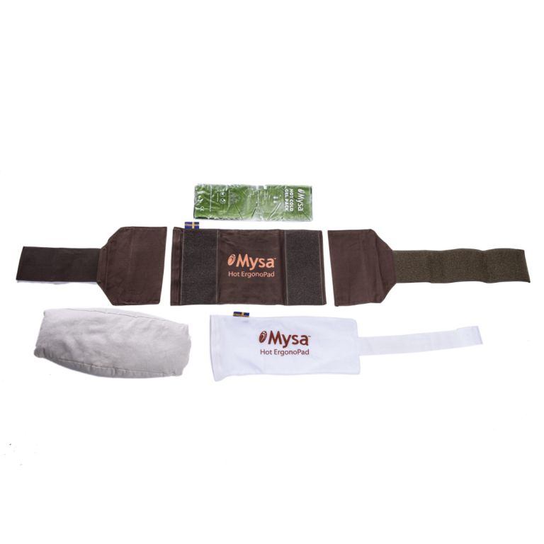 Ergonomisches Heizkissen-Set. Braunes Kissen mit Logo, weißes Kissen mit Logo, grünes Gelpack, graues Kissen. Einzelteile.