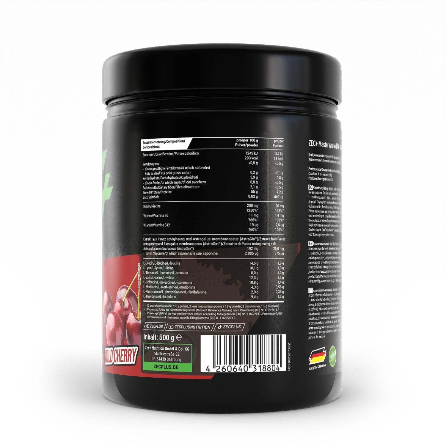 Rückseite einer schwarzen Dose. Text: ZEC+ MASTER AMINO EAA Wildkirsche. Nährwertangaben und Zutatenliste. Barcode.
