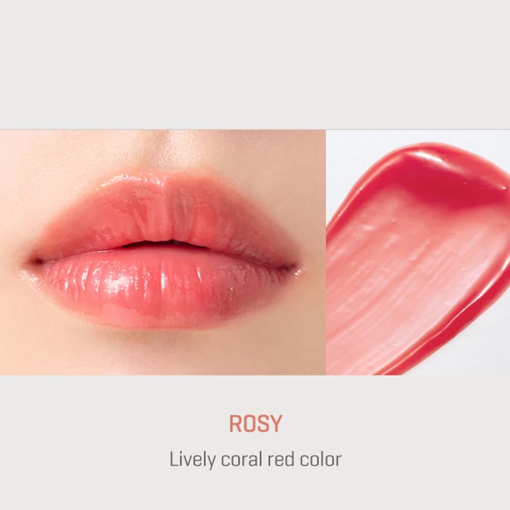 Lippen und Produktprobe. Text: ROSY, Lively coral red color.