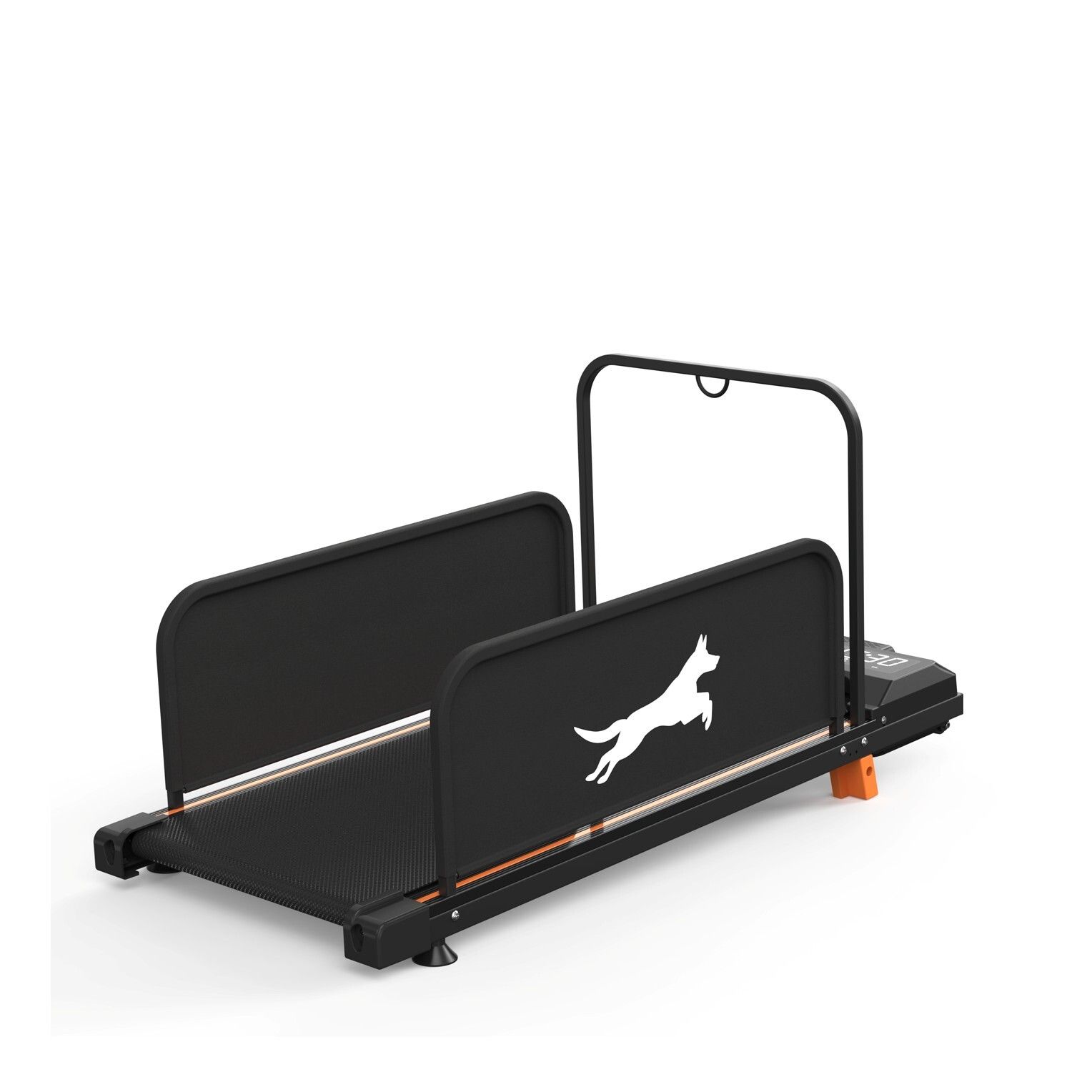 Schwarzes Laufband für Hunde mit seitlichen Schutzwänden und Haltegriff. Digitalanzeige.