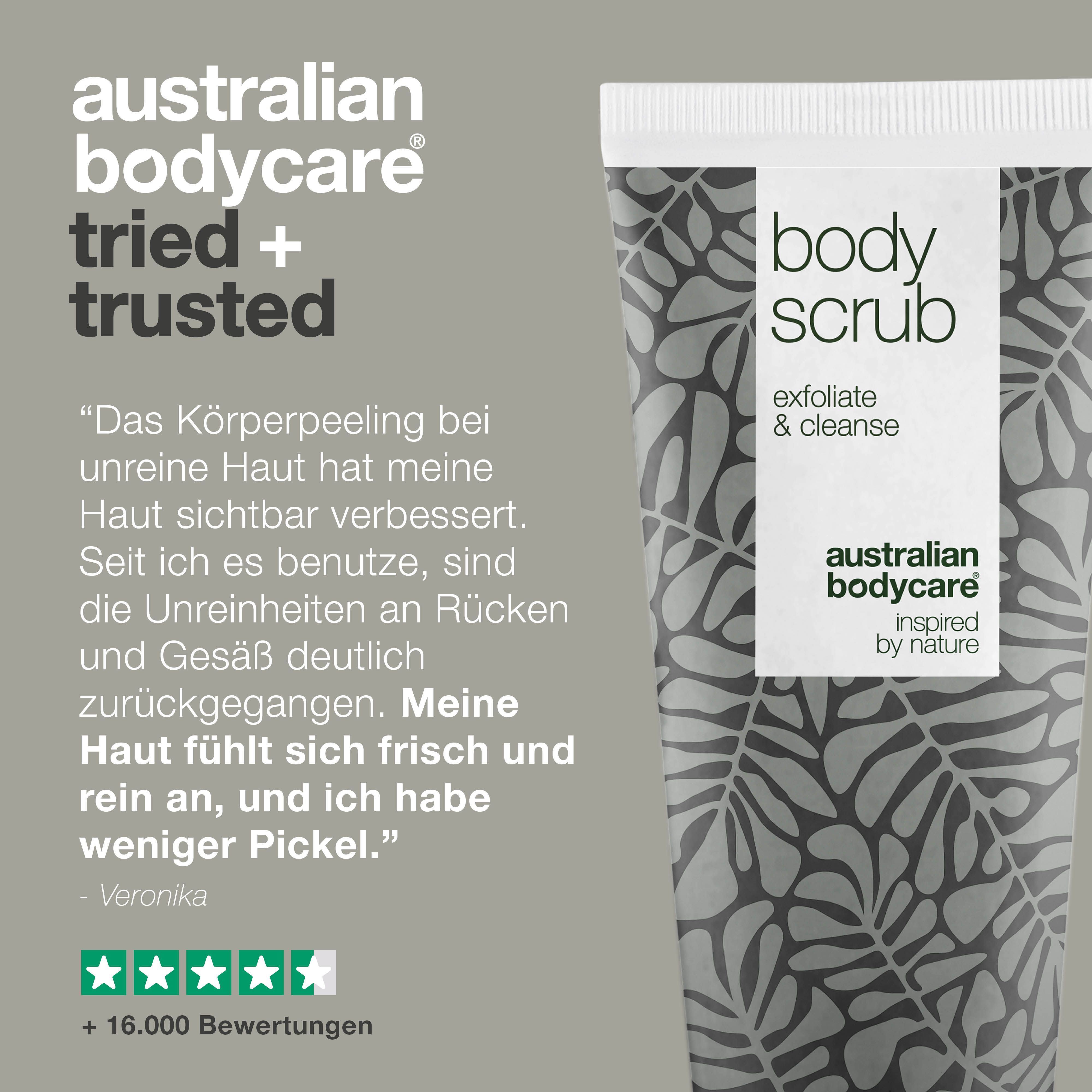 Grafik: Australian Bodycare, bewährt und vertraut. Zitat und 5 Sterne Bewertung. Tube Body Scrub.
