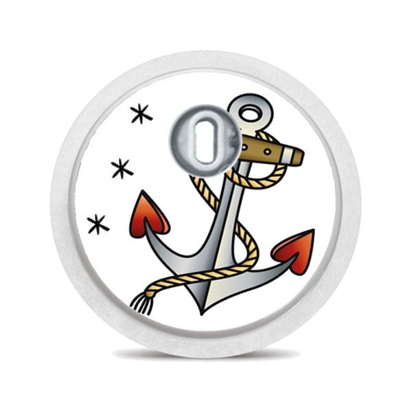 Runder Aufkleber mit einem Anker-Tattoo. Weißer Rand, silbernes Element. Sterne.