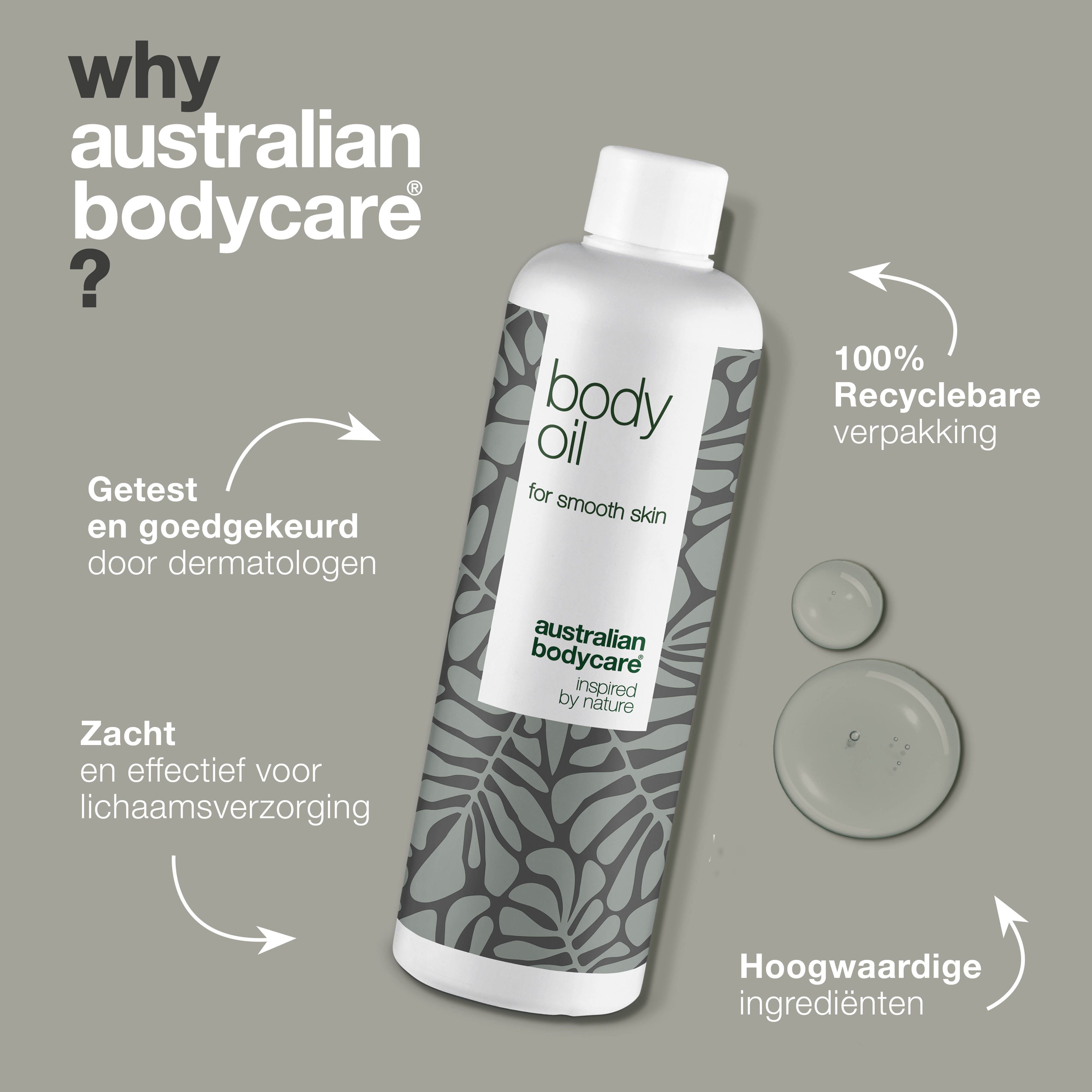 Body oil flesje met tekst. Opschrift: body oil, for smooth skin. Merk: Australian Bodycare.