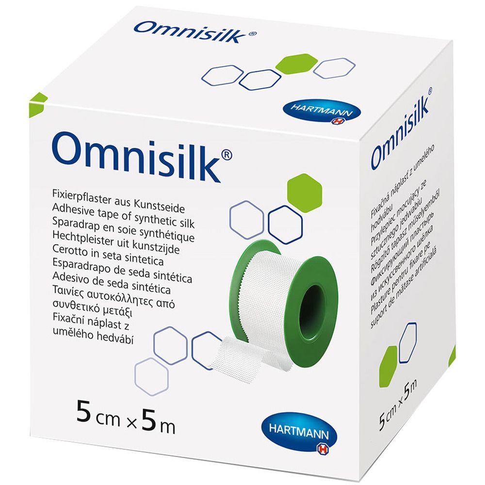 Omnisilk® Spulenpflaster-Box. Fixierpflaster aus Kunstseide. 5cm x 5m. Hartmann-Logo. Grün-weiße Verpackung.