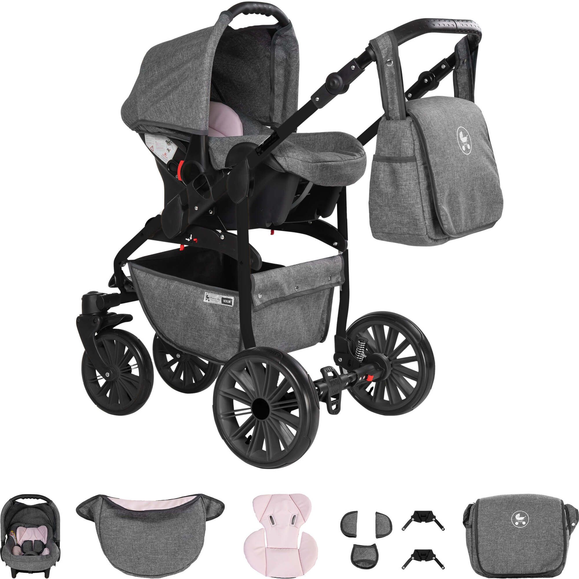 Friedrich Hugo Berlin 4 in 1 Kinderwagen & ISOFIX GEL Reifen, Grey and Light Rose Night