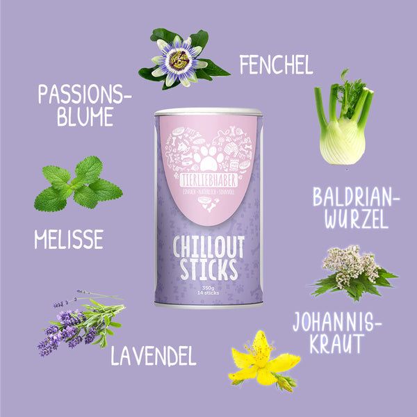 Zylindrische Dose mit lila Etikett. Text: Chillout Sticks. Kräuter und Blüten um Dose.