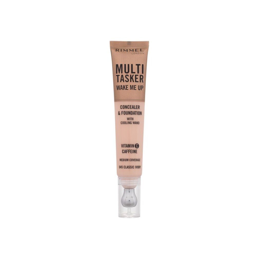 Rimmel London Multi Tasker Concealer & Foundation. Tube mit Applikator. Text: Wake Me Up, Vitamin C, Koffein.