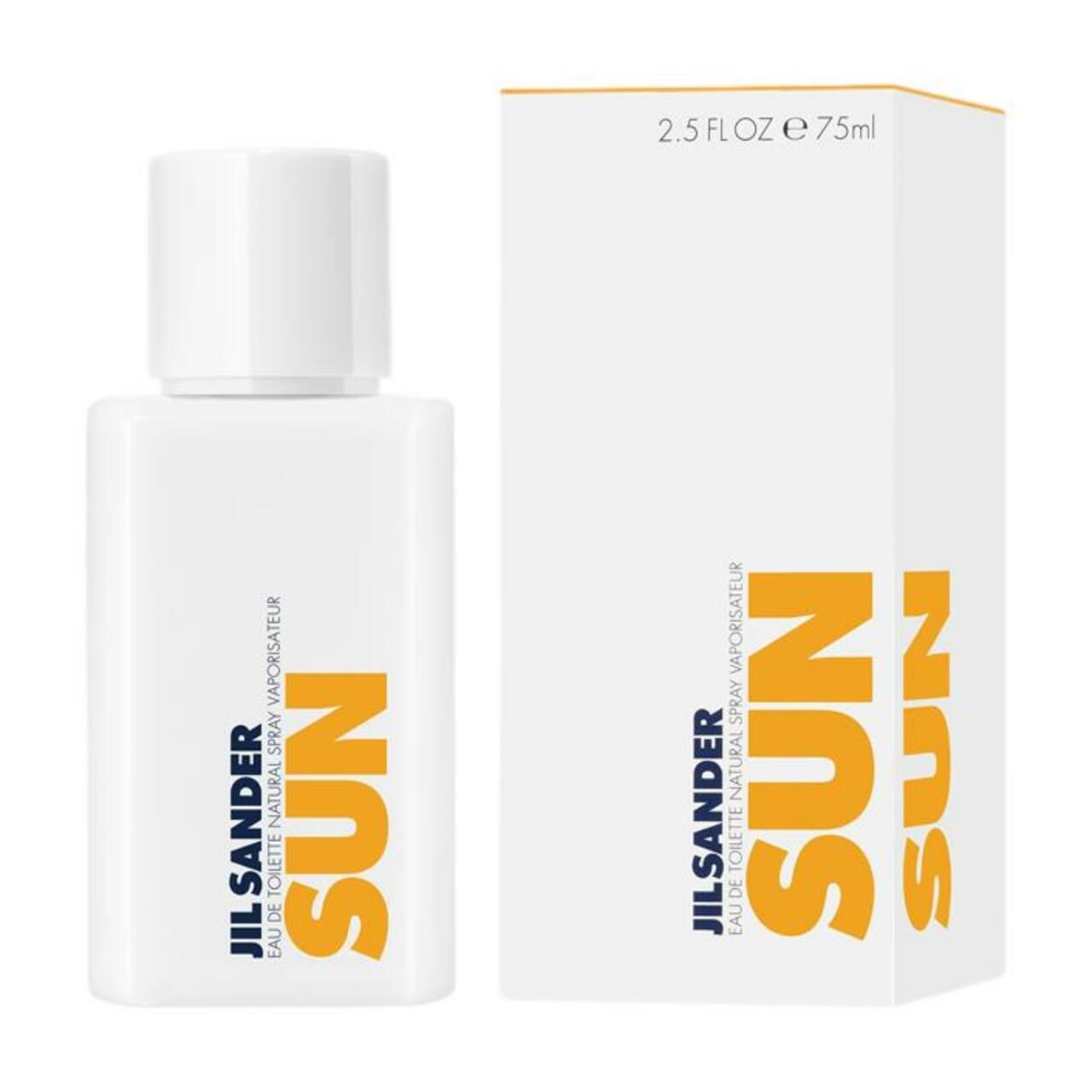 Weißer Flakon mit weißem Deckel. Aufschrift SUN in Orange. JIL SANDER-Logo und Text.