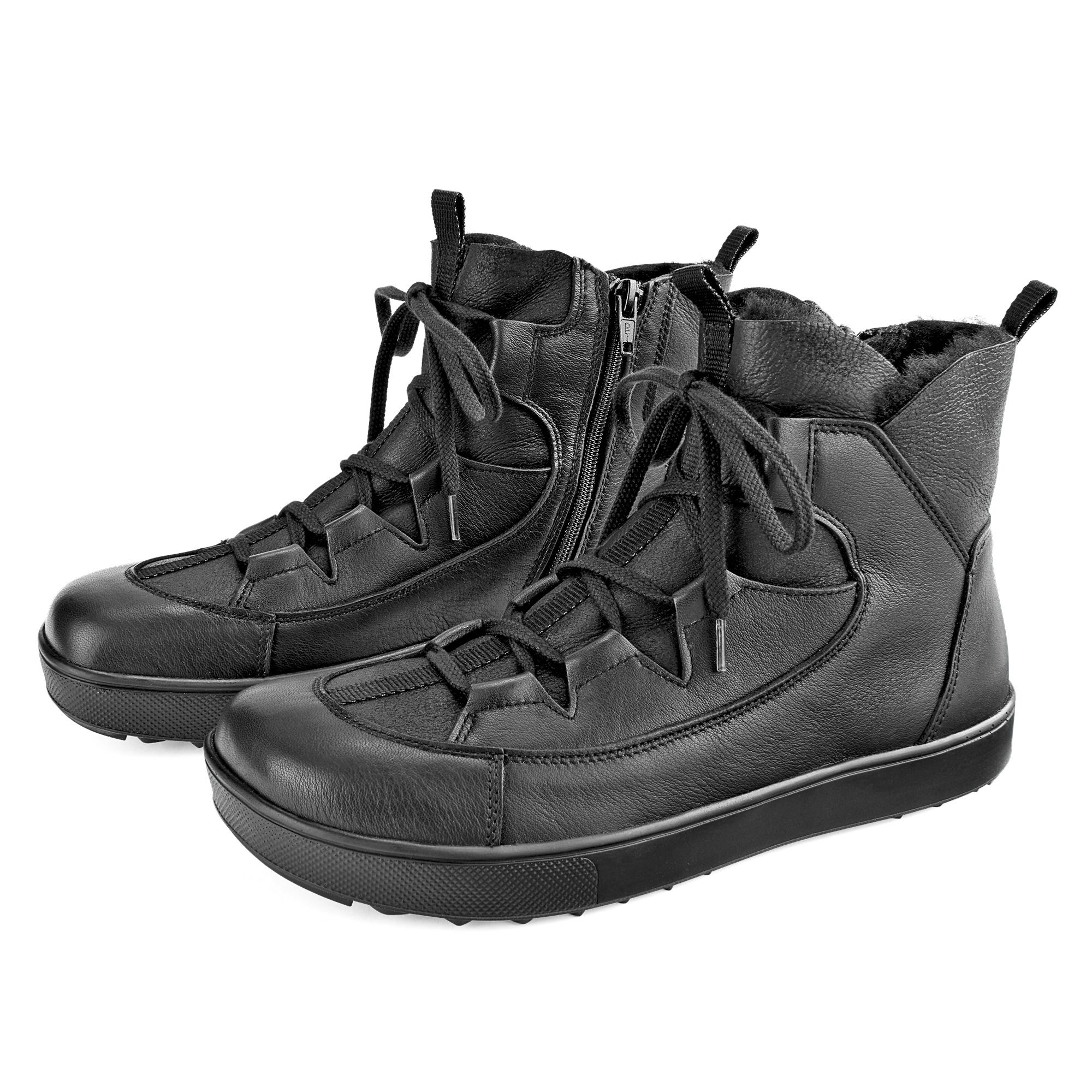 Schwarze Stiefeletten mit Schnürung und Reißverschluss. Breite Sohle. Innenfutter sichtbar. Zwei Schuhe nebeneinander.